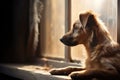 A lonely dog is pining near the window