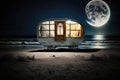 lonely double exposure of boat against background of moonlit ocean outside romantic beach hut