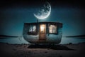 lonely double exposure of boat against background of moonlit ocean outside romantic beach hut