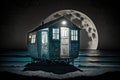 lonely double exposure of boat against background of moonlit ocean outside romantic beach hut