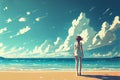 lonely dreamy girl standing near the sea and looking at the sky, digital art illustration