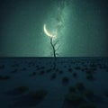 Dry tree in desert on night landscape Royalty Free Stock Photo