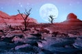 Lonely dry trees in the desert against a beautiful pink sky and a full moon. Moonlight in the desert. Artistic natural image