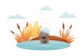 Lonely duckling swimming in the pond in winter. Ugly duckling fairy tale cartoon vector illustration