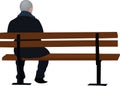 Lonely elderly person with the stick sitting on it wooden bench