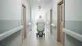 A lonely elderly person in a wheelchair in the corridor of a nursing home or hospital. Generative ai.