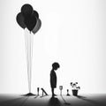 Lonely Elegance: Little Boy with Balloon, Silhouette on Isolated White Royalty Free Stock Photo