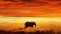 Lonely Elephant against sunset and beautiful clouds in savannah. Serengeti National Park. Africa.