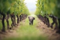 lonely elephant calf walking with a backdrop of vines