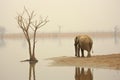 Lonely elephant near tree in surreal nature scene, illustrating the theme of loneliness