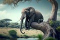 Lonely elephant sitting on a tree branch. Generative AI