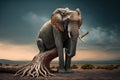 Lonely elephant sitting on a tree branch. Generative AI