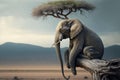 Lonely elephant sitting on a tree branch. Generative AI Royalty Free Stock Photo