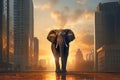 A lonely elephant walking in the city on a sunset