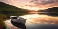 empty fisher boat in the river at sunset