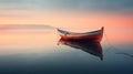 A lonely empty wooden boat is reflected in calm water.