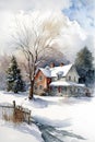 A lonely farm house in the woods in the winter. Watercolor painting, winter illustration Royalty Free Stock Photo