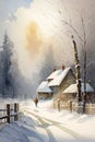 A lonely farm house in the woods in the winter. Watercolor painting, winter illustration Royalty Free Stock Photo