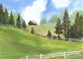 Lonely farmhouse on hill carpathian landscape with spruce trees, watercolor hand drawn illustration Royalty Free Stock Photo