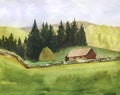 Farmhouse on hill with old fence with Carpathian landscape with spruce trees, watercolor hand drawn illustration Royalty Free Stock Photo