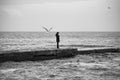 Lonely female figure on breakwater of seashore