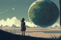 Lonely female gazing at twin planet earth