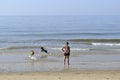 Lonely female looking at dogs playing with sea waves