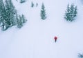 Lonely female trekker dressed red jacket with trekking poles walking by snowy slope flying drone aerial shot with fir-trees Royalty Free Stock Photo