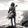 Lonely figure of a man on a cliff by the sea with guitar. Generative AI