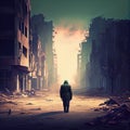 lonely figure of man walking along ruined deserted city streets