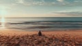 lonely figure sitting on the shore of an empty beach, where the endless sea expresses its inner void