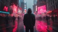 A Lonely Figure Stands in the Rain, Surrounded by Blurred City Lights Royalty Free Stock Photo