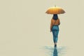 A lonely figure of a woman walking in the rain. Space for text. Royalty Free Stock Photo