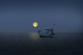 Lonely fisherman boat with full moon evening Royalty Free Stock Photo