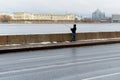 St. Petersburg, Russia, October 28, 2023. Lonely fisherman on the banks of the Neva River.