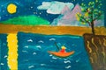 Lonely fisherman - gouache painting made by child