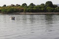 Lonely fishing boat docked in calm lake. wooden fishing boat in a still lake water. Royalty Free Stock Photo