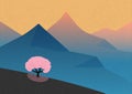 Lonely flowering pink tree in mountains. Abstract morning landscape Royalty Free Stock Photo