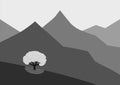 Lonely flowering tree in mountains. Abstract black and white landscape Royalty Free Stock Photo
