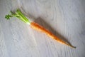 Lonely fresh raw carrots with odkusannymi pieces lying on a wooden kitchen table. Top view