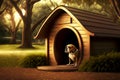 Lonely funny pet in wooden doghouse in garden