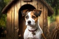 Lonely funny pet in wooden doghouse in garden