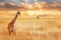 Lonely giraffe in the African savannah. Wild nature of Africa. Artistic African image