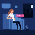 Lonely girl at night with laptop. Loneliness vector concept