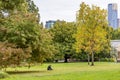 Lonely girl relaxes sitting on the grass in the beautiful Fitzroy Gardens, central area of Melbourne, Australia Royalty Free Stock Photo