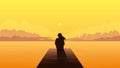 Lonely girl silhouette on sunset. Sad alone dreamy woman sitting looking at orange sunset. Royalty Free Stock Photo