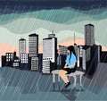 Lonely girl sitting on a bench in the rain. Royalty Free Stock Photo