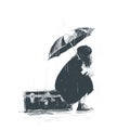 Lonely girl is sitting on the luggage with an umbrella in her hands during the rain. Royalty Free Stock Photo