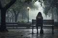 Lonely Girl Sitting on Park Bench in Rainy Day Symbolizing Solitude