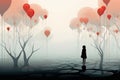 lonely girl stand in mystic foggy landscape with balloons AI generated